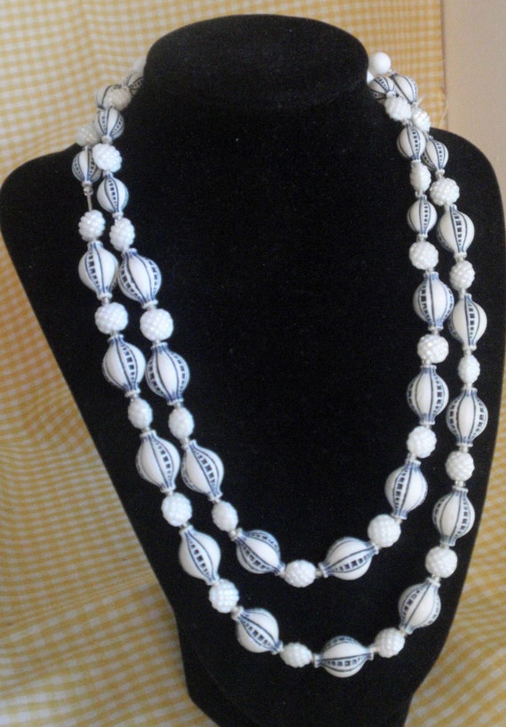 West Germany necklace, blue white beads, glass iri