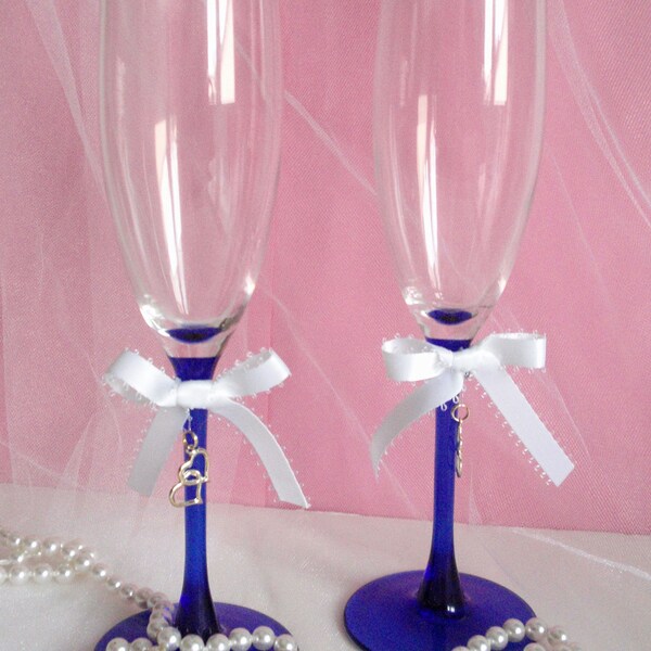 Set of 2 (TWO), tall flute glasses with dark blue stems, height 9", champagne glasses , Perfect for Replacement flutes  (96)