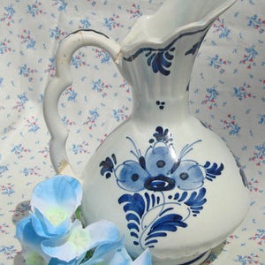 Blue Delft Pitcher, Signed Delfts Holland, Hand Painted, Vintage Ceramic Vase, Delft Mini Pitcher, Dutch Painted Windmill, handle is cracked