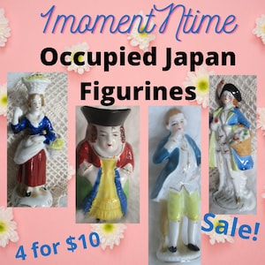 SALE - 3 Occupied Japan figurines for 15 DOLLARS,  Man in a blue coat & yellow pants, Pitcher in shape of a man, Woman with basket on head