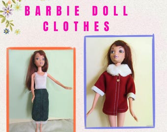 May include: Two dolls with brown hair are displayed. The left doll wears a white sleeveless top and a dark green skirt. The right doll wears a red coat with a white faux fur collar and white cuffs. The text BARBIE DOLL CLOTHES appears at the top.