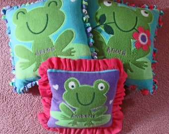 Choose 1 Frog pillow, Child's pillow, Small FLEECE children's pillow, Soft PLUSH pillow, Frog with flower, Pink, Blue, Purple, Personalized