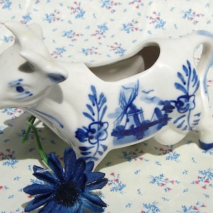 Vintage Porcelain Cow, China Delft Blue Holland, Blue and White Dutch Cow, Signed Hand Painted,