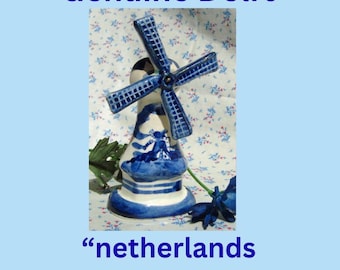 Molino de viento azul de Delft: decoración holandesa pintada a mano, aspas giratorias, firmado, 5"