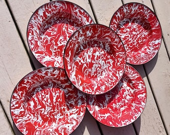 Red & white Enamel shallow bowls, Tin, Swirl design, Set of 5, 10" across, NEW