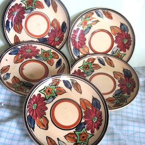 OLD Japanese made saucers, Set of FIVE, Signed Japan underneath, Hand painted flowers and stars, blue rim, Hotta Yu Shoten Company, 1920s