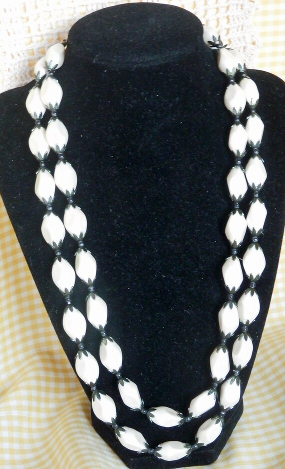 Black and white beaded necklace, 2 strands, Signed
