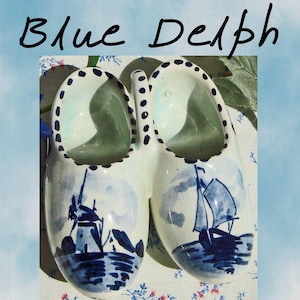 Vintage Delft Holland Hand painted Shoes / Clogs, Blue and White, Windmill, Sailboat, 1980s
