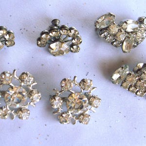 2 sets of clear RHINESTONE clip on Earrings, 1 set of rhinestone pins, wedding earrings and pins, vintage rhinestone jewelry from the 1950s