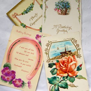 4 postales vintage, postal SIN SELLOS, impresión EN RELIEVE, borde dorado metálico, felicitaciones
