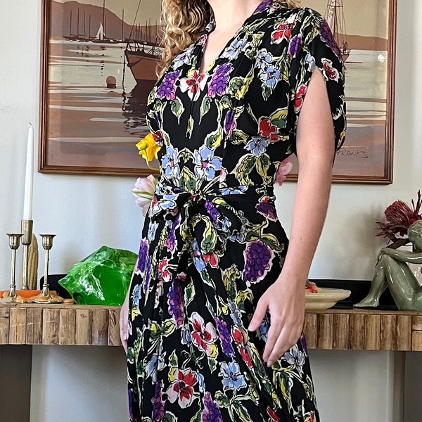 1940s Rayon Dress / Floral 40s Dress / S