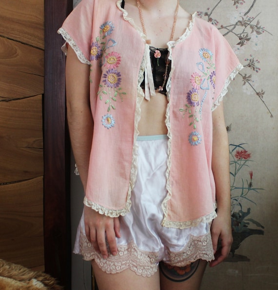 1920s Bed Jacket / Vintage 20s 30s Embroidered Bed