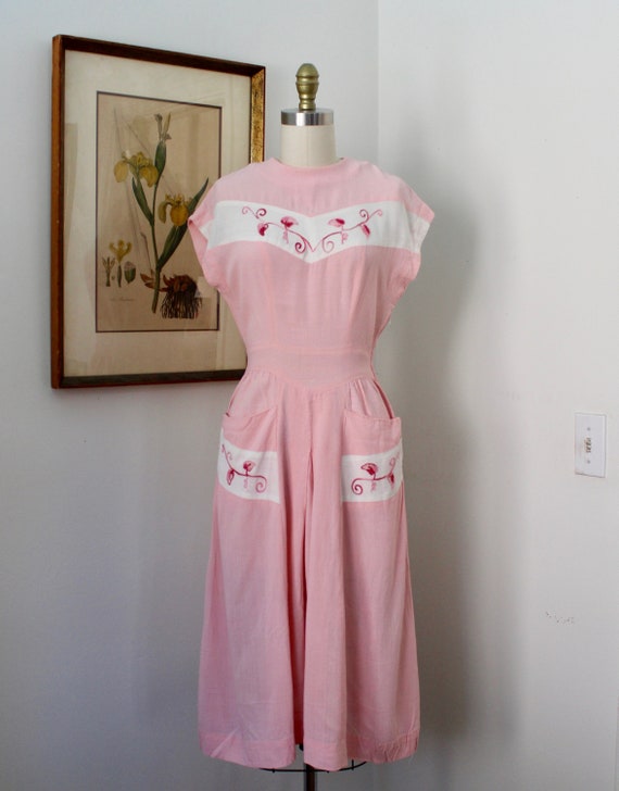 1940s Linen Dress / Vintage 40s Pink and White Lin
