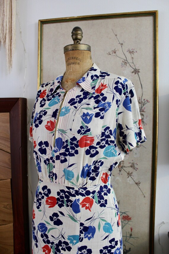 1930s Linen Dress / Vintage 30s 40s Floral Linen D