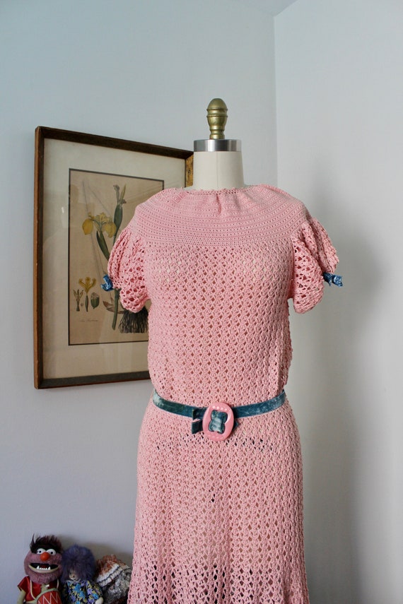 1930s Knit Dress / Vintage 30s Pink Crochet Dress