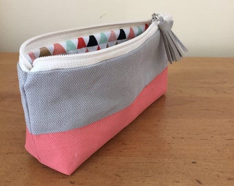 Coral Pink Striped Painted Pencil Pouch Zipper Bag