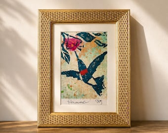 Original Mixed Media Hummingbird Art | Francy Kling Blumhagen, Gold Basket Weave Frame (9 x 7)