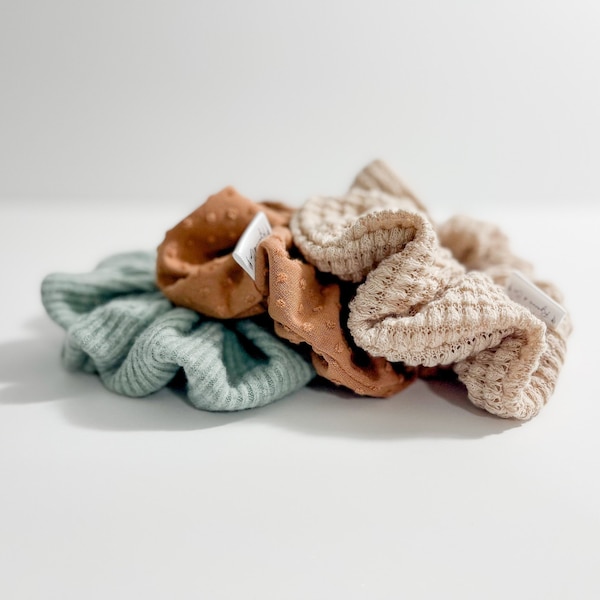 Boho Neutral Oversized Scrunchies, ONE SCRUNCHIE, Dark Seafoam Scrunchie, Chunky Waffle Scrunchie, Chocolate Swiss Dot Scrunchie