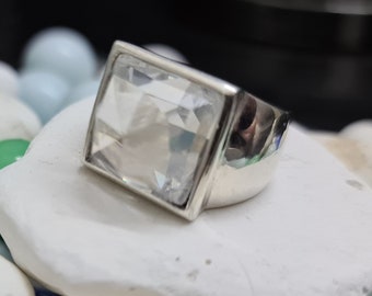 Clear quartz ring, large silver ring, gemstone ring, bezel  crystal ring, square  clear stone, April ring, bridal gift, wedding