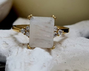 Moonstone ring, diamond ring, prong setting ring,14k gold filled ring, gemstone ring, wedding ring, June birthstone ring, cocktail ring