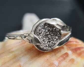 Sterling Silver Druzy Quartz Ring, Round Stone Cabochon