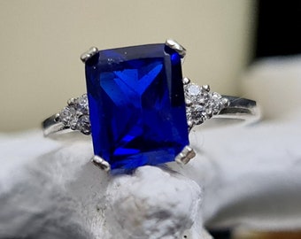 Statement Sapphire ring, rectangle ring, sterling silver ring, September birthstone, engagement ring, diamond ring ,bridal gift