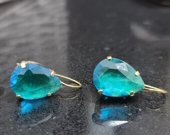 Blue Topaz Swarovski Earrings, 14k Gold Filled Teardrop Jewelry