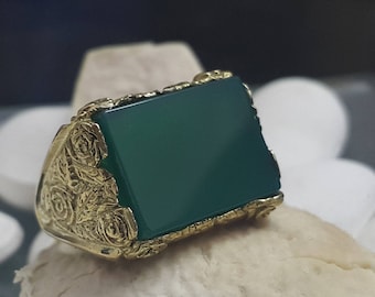 Green Onyx Ring, 14k Gold Filled, Rectangular Gemstone