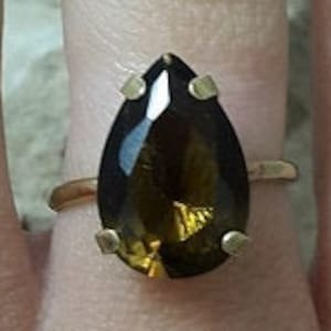 Smoky quartz ring, tear drop ring, gold ring, prong pear ring, gemstone ring, cocktail brown ring, small ring, gold filled ring