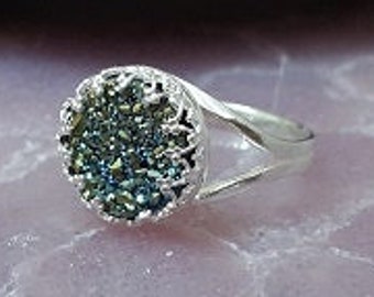 Sterling Silver Druzy Agate Ring, Round Stone Cocktail Ring
