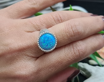 Opal ring, blue opal ring, statement round ring, sterling silver ring, opal jewelry, cocktail ring, handmade ring