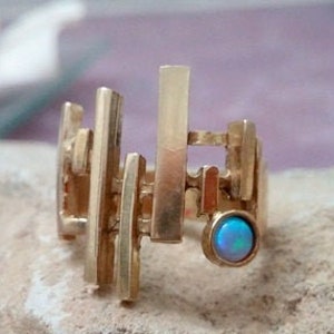 Bars ring, gold bars ring, geometric ring, stick ring, opal ring, gemstone ring, birthstone ring ,blue opal jewelry image 1