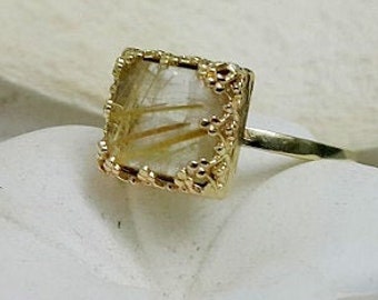 Square ring ,rutilated quartz ring, fancy ring, delicate ring, statement ring, rutilated quartz ring, gold ring, vintage ring