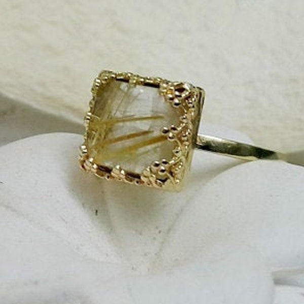 Square ring ,rutilated quartz ring, fancy ring, delicate ring, statement ring, rutilated quartz ring, gold ring, vintage ring