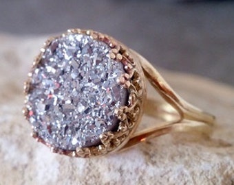 Gold Filled Druzy Agate Ring, Round Gemstone Ring