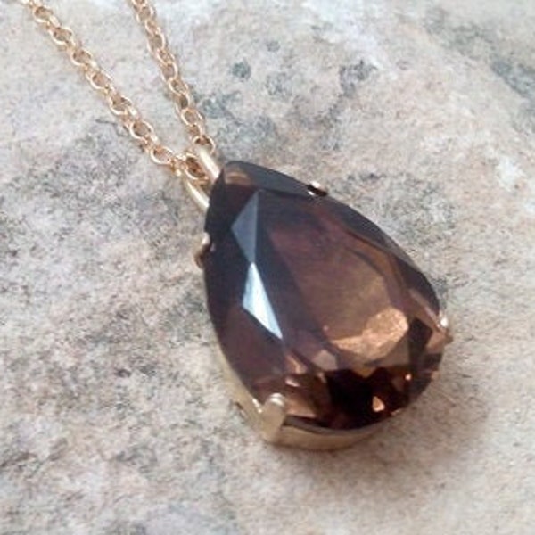 Smoky Quartz necklace, gold pendant, cocktail necklace, Smokey Topaz necklace, gemstone necklace, brown drop pendant, bridal necklace