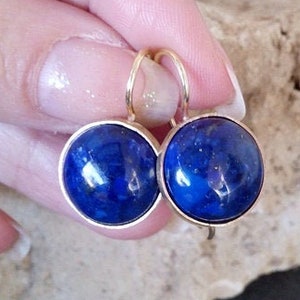 Large earrings, blue Earrings, Bezel set earrings, Vintage Lapis  earrings, Gemstone Round earrings, Something blue, September Birthstone
