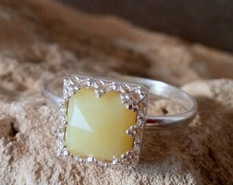 Yellow Jade Ring - Gemstone Band - Simple Ring - Sterling silver Ring - Square Band - Lace Ring- Jade Jewelry