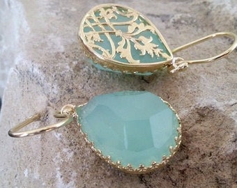 Chrysoprase Teardrop Earrings, 14k Gold Filled, Mint Green Dangle Earrings