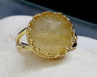 Rutilated quartz ring, delicate ring, statement ring, gold stone ring, gold ring, band ring, thin ring, double band ring