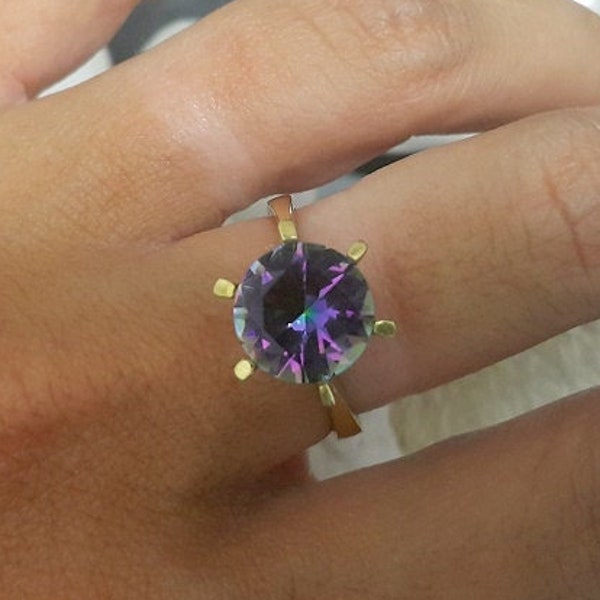 Gold filled ring, Engagement ring, Mystic Topaz ring, Green Pink Gemstone, Prong Ring, Wedding ring, Round ring