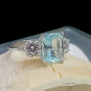 Emerald cut ring, rectangle light blue ring ,aquamarine ring, sterling silver ring ,brilliant ring wedding ring, engagement ring