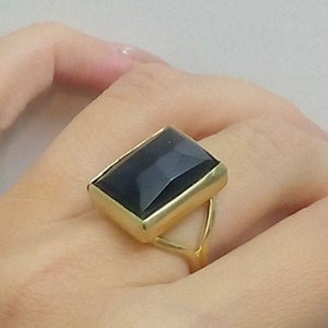 Rose cut ring, rectangle black ring, onyx ring, gold ring, wedding ring, engagement ring, large ring ,vintage style
