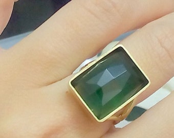 Green tourmaline ring, green gemstone ring, gold ring rectangle ring, birthday gift, engagement ring