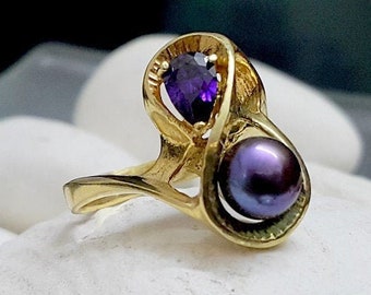 Black Pearl ring, gold filled ring, real pearl ring, stackable ring, wedding ring, drop amethyst ring, bridal jewelry, big pearl