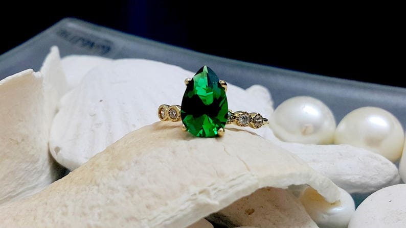 Statement emerald ring,small drop ring,gold ring,may birthstone,engagement ring,diamond ring,bridal gift SALE