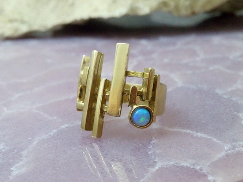 Bars ring, gold bars ring, geometric ring, stick ring, opal ring, gemstone ring, birthstone ring ,blue opal jewelry image 2