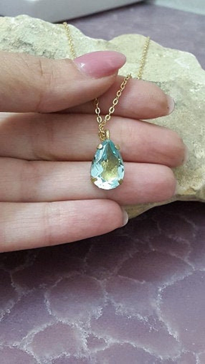 Aquamarine necklace, Aquamarine jewelry, Sky blue stone, Gold teardrop pendant, pear necklace, gold filled, drop necklace image 1