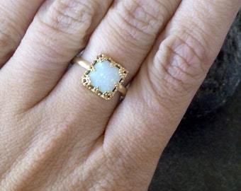 Lace Square ring, White opal ring, Gold opal ring, Gemstone ring, Opal ring, October birthstone ring, Vintage ring,