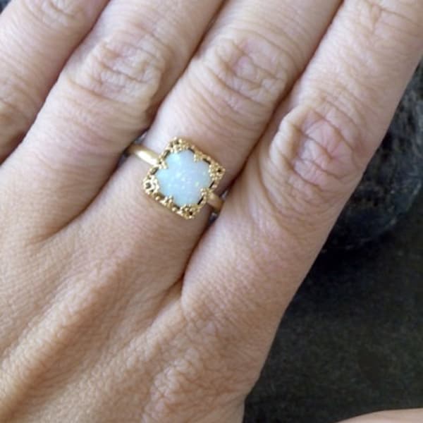 Lace Square ring, White opal ring, Gold opal ring, Gemstone ring, Opal ring, October birthstone ring, Vintage ring,